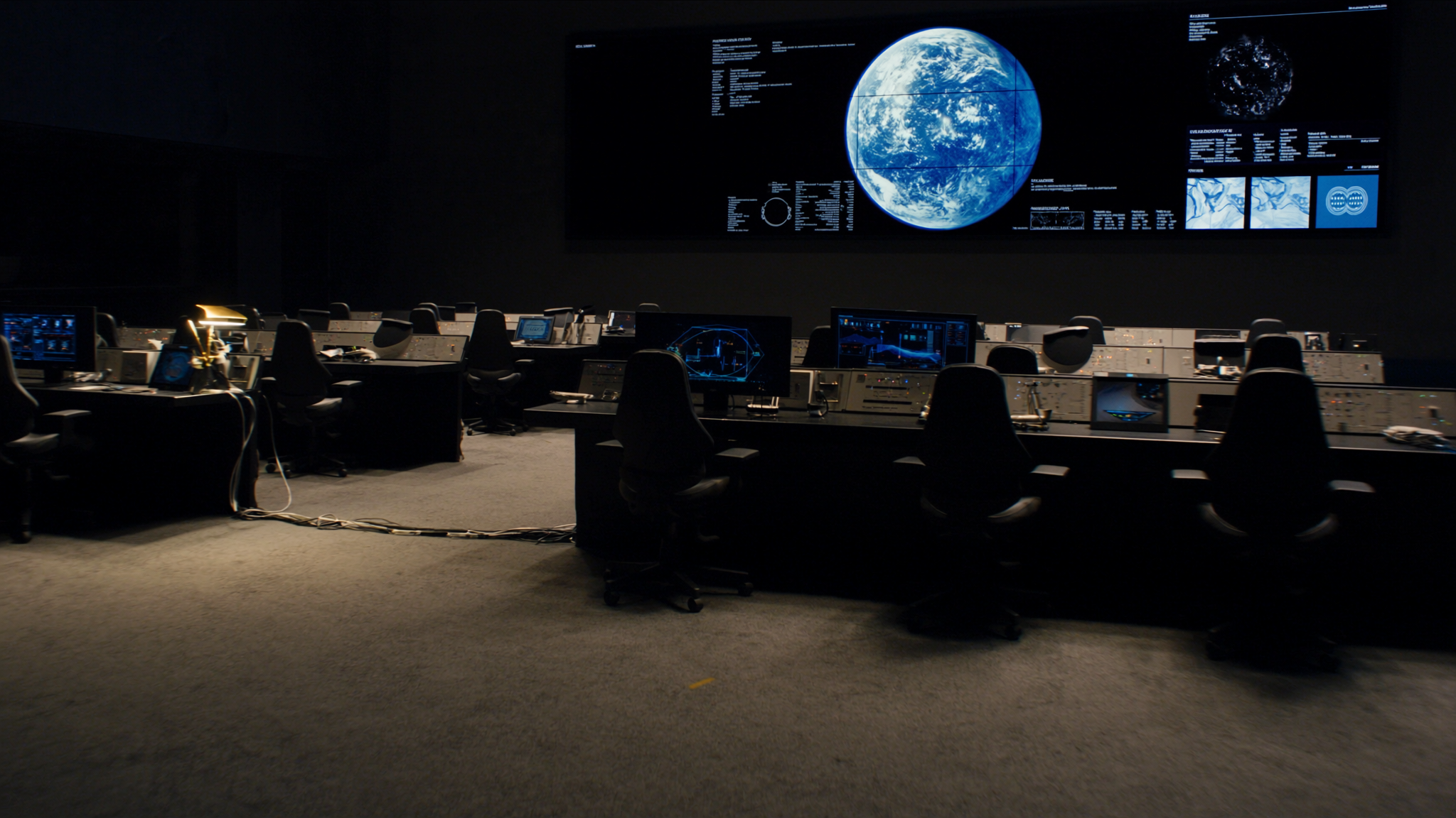 Empty mission-control floor at night with Earth on the wall display. Generated still; not a government facility.